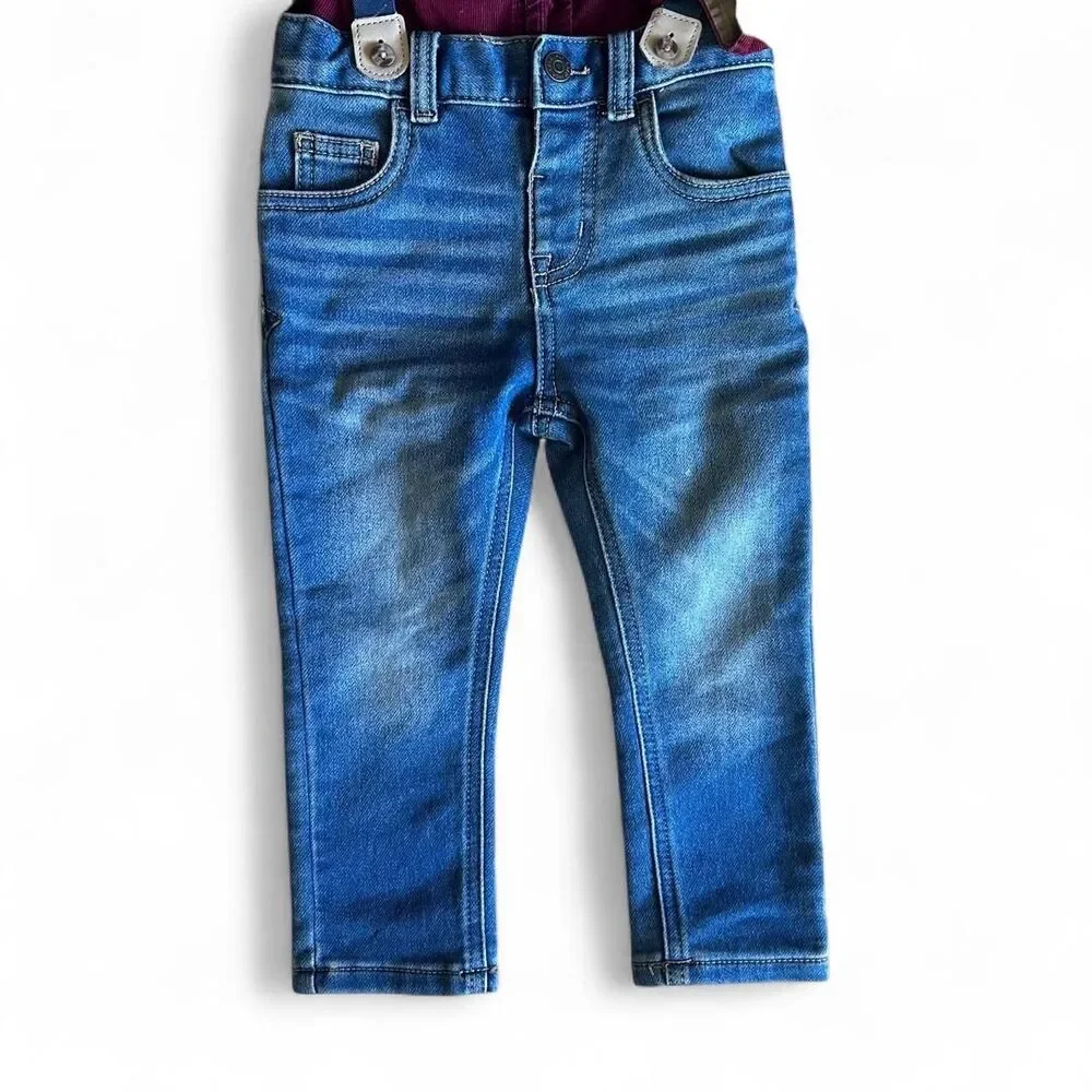 Gap boys 2T Carter's Blue jean overalls & Burgundy‎ baby gap shirt EUC